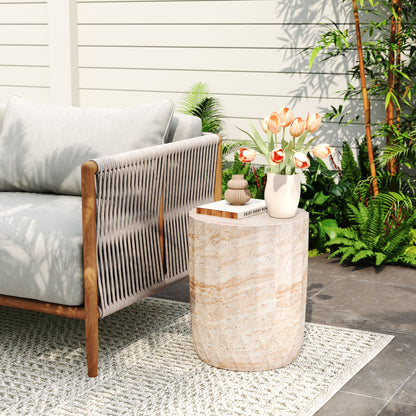 Outdoor / Indoor Lightweight Concrete Side Table, Cylinder Travertine Finish Accent Table - Beige