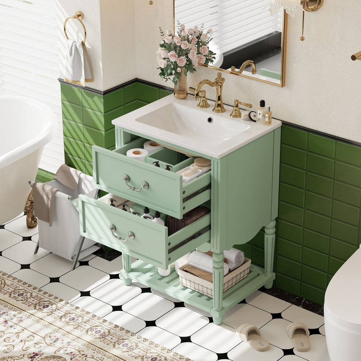 Wave Design Bathroom Vanity With Sink, 2 Drawers And Open Shelf