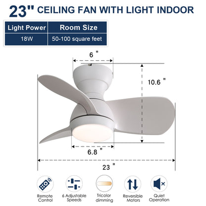 23" Bedroom Ceiling Fan With 3 Color Dimmable 3 ABS Blades Remote Control Dc Motor With 18W Led Light