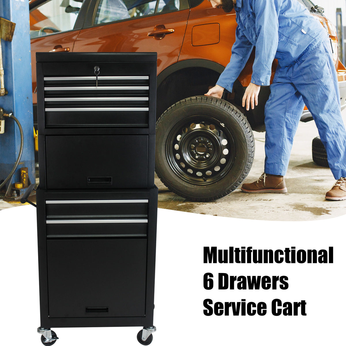 6 Drawer Lockable Tool Cabinet On Wheels, Steel Rolling Tool Chest With Detachable Toolbox