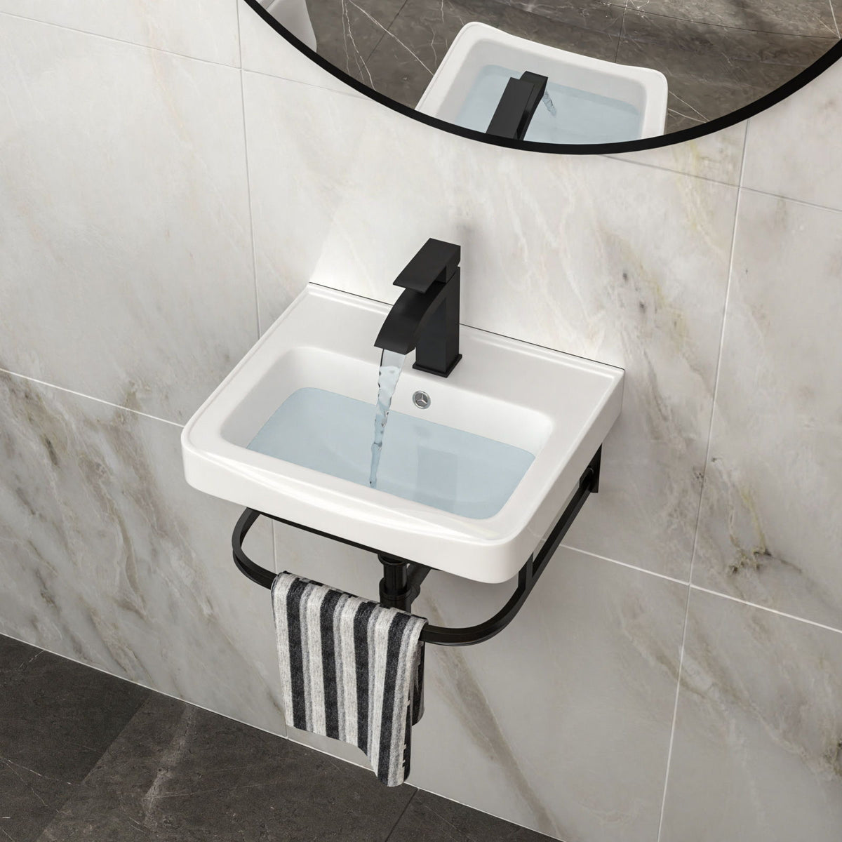 Wall Mounted Bathroom Sink With Towel Bar & Overflow - White / Black