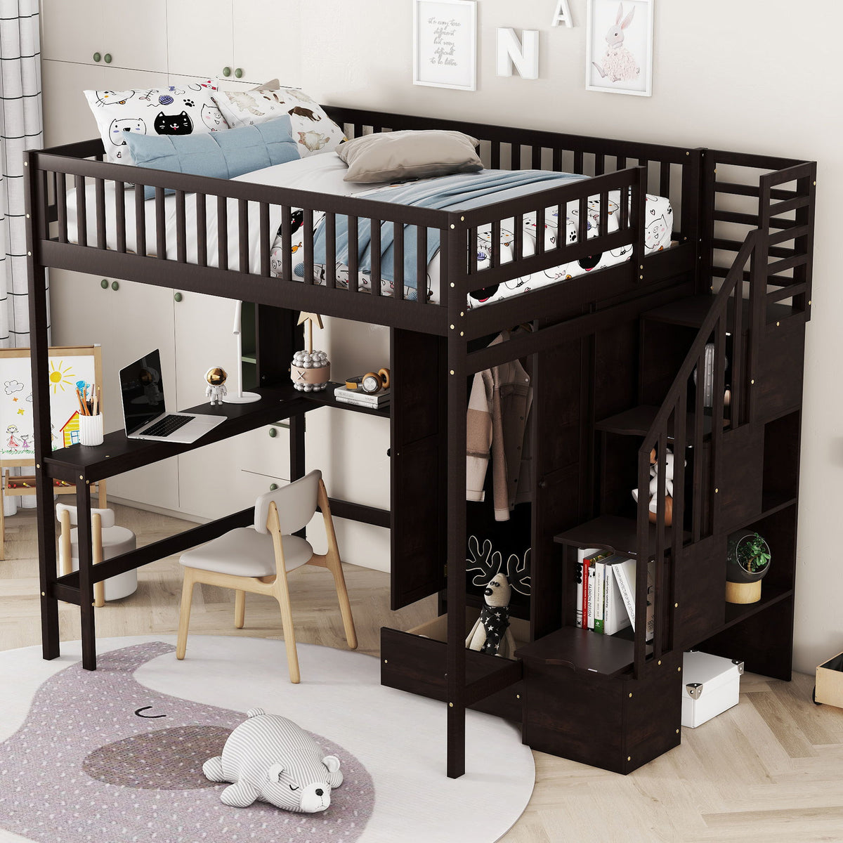 Loft Bed With Bookshelf, Drawers, Desk, And Wardrobe