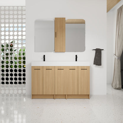 Double Sink Bathroom Vanity Set With Tall Linen Cabinet, Extra Large Storage, Integrated Sink, Freestanding Cabinet - Light Oak / White