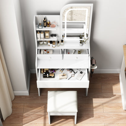 Fashion Vanity Desk With Mirror And Lights For Makeup, Hair Dryer Holder And Chair, Adjustable Lighting - White