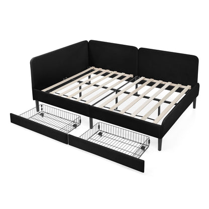 Upholstered Platform Bed Frame With 2 Storage Drawers And Adjustable Sofa Bed