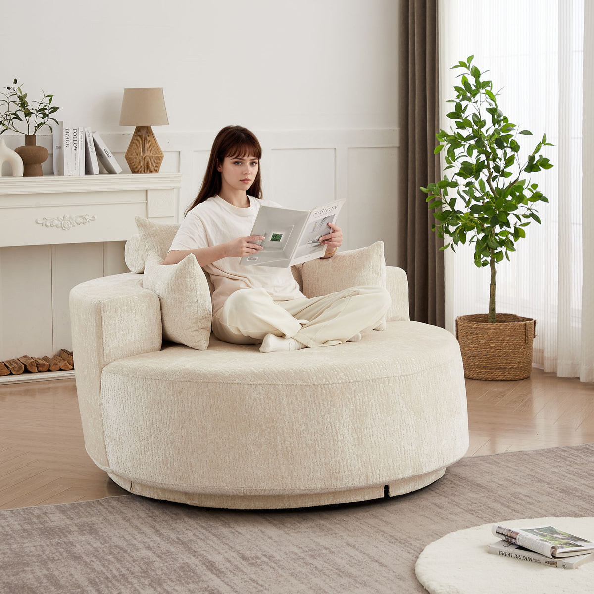 Swivel Chair, Sleeper Design, 360 Degree Rotating Base For Living Room - Beige