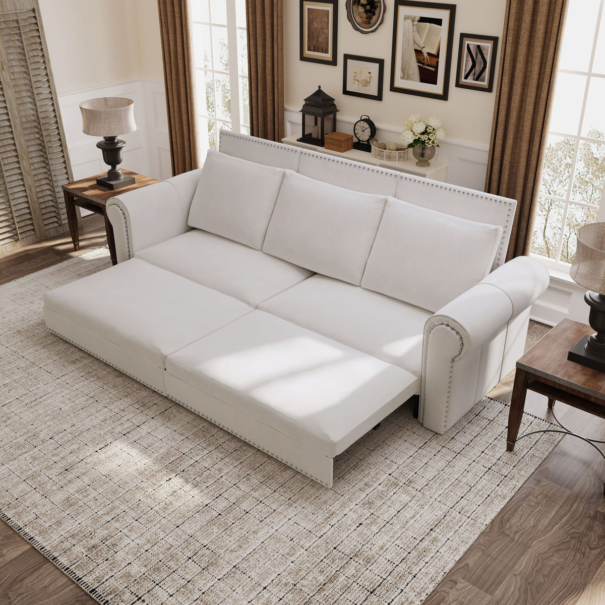 Pull Out Sofa Bed 3 In 1 Convertible Sleeper Sofa With Nailhead Trim & Rolled Arm, Multi Functional