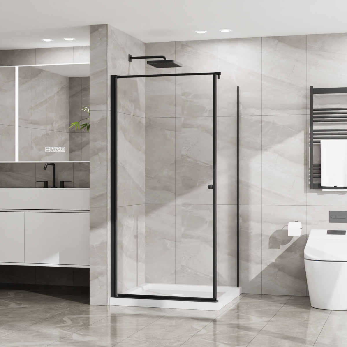 Corner Shower Enclosure, Frameless Pivot Door - Matte Black
