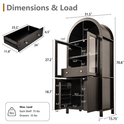 Fluted Tall Arched Pantry Cabinet With Adjustable Shelves, Glass Door & Hidden Drawer For Kitchen - Black
