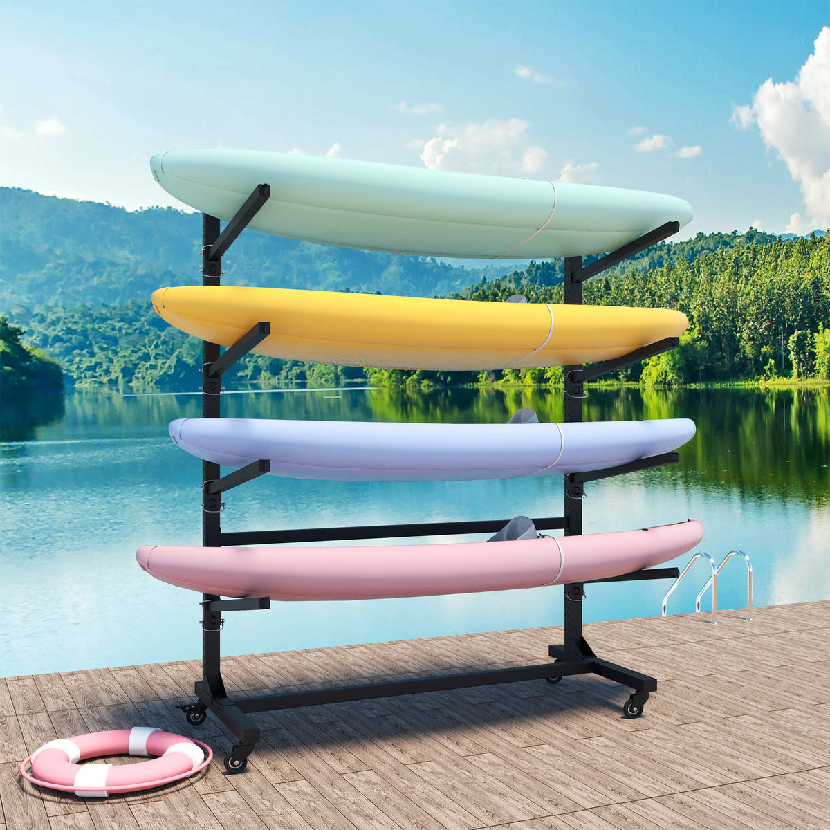 Freestanding Kayak Storage Rack With Lockable Wheels For Kayak, Canoe, Sup & Surfboard