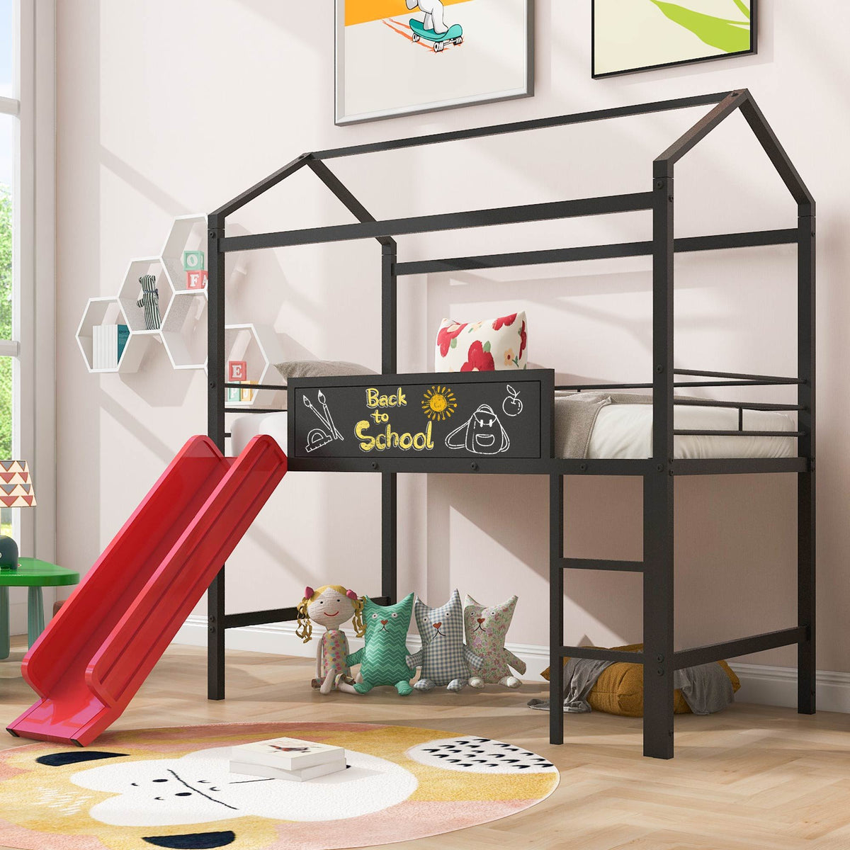 Twin Metal Loft Bed With Slide And 2 Sided Writable Wooden Board - Black