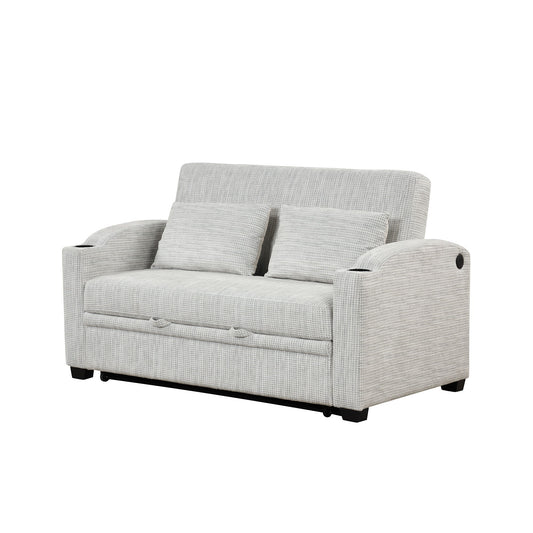 Pull Out Loveseat Sofa With Adjsutable Backrest, 2 Pillows, Cup Holders, USB Ports For Living Room