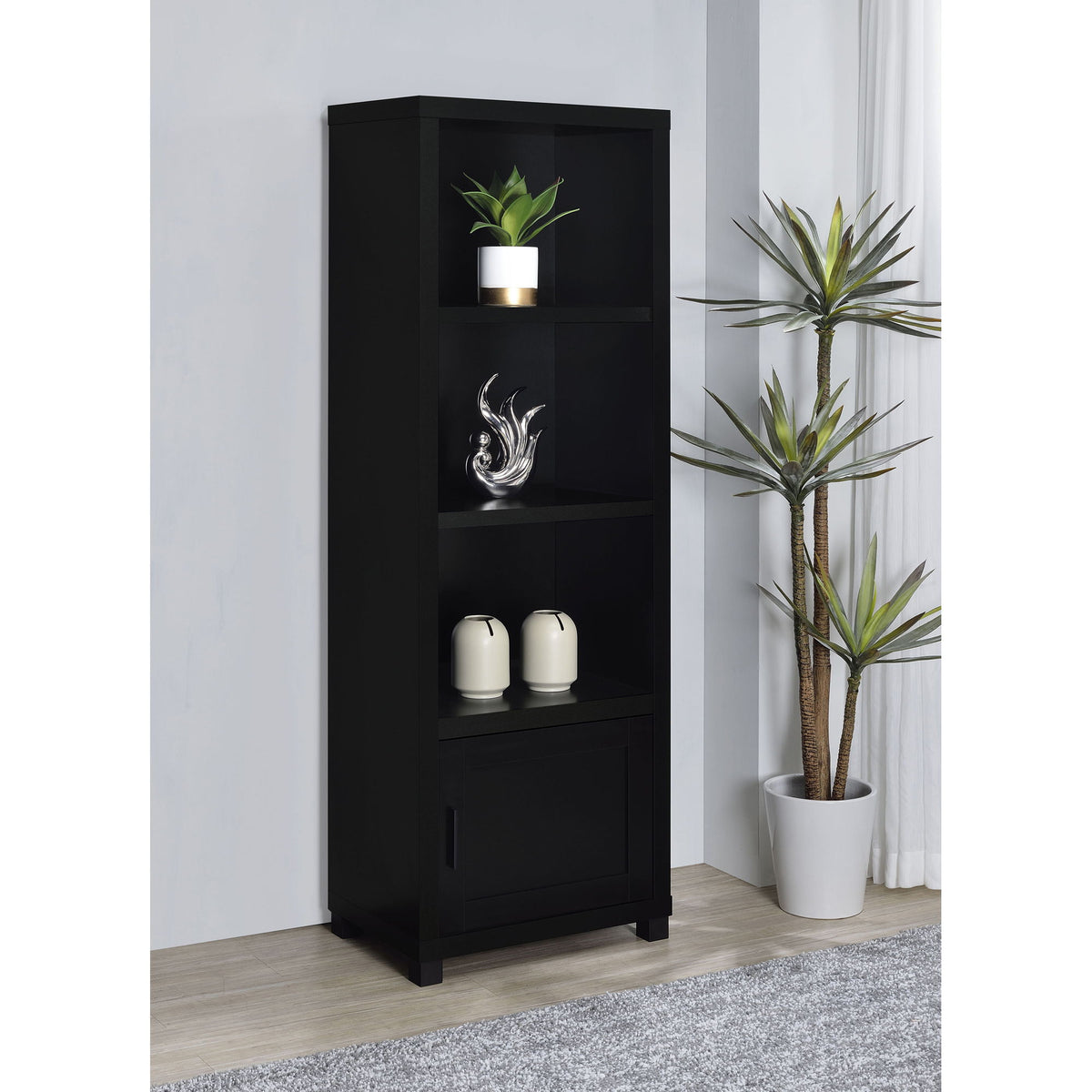 Sandl - 3 Shelf Media Tower With Cabinet Storage Solution - Black