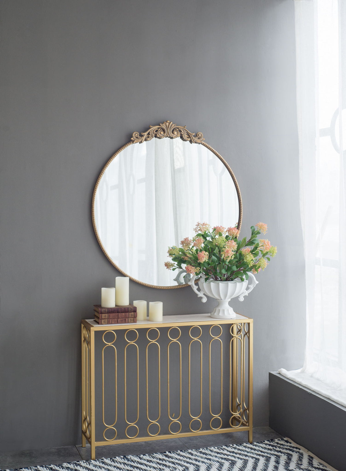 Classic Design Mirror With Baroque Inspired Frame For Bathroom, Entryway Console Lean Against Wall