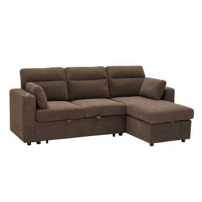 Convertible Sectional Sofa With Storage Chaise, Cup Holders And Pull Out Sleeper