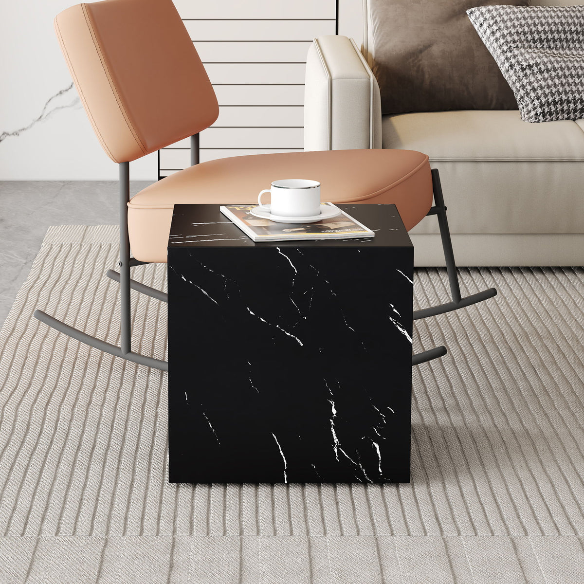 Luxurious Marble Texture Coffee Table Cube Design Elegant Living Room Accent - Black