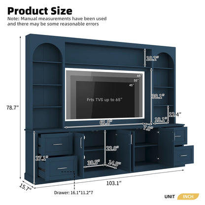 Arched Entertainment Center Wall Unit With Drawers With Adjustable Shelves For Living Room - Blue