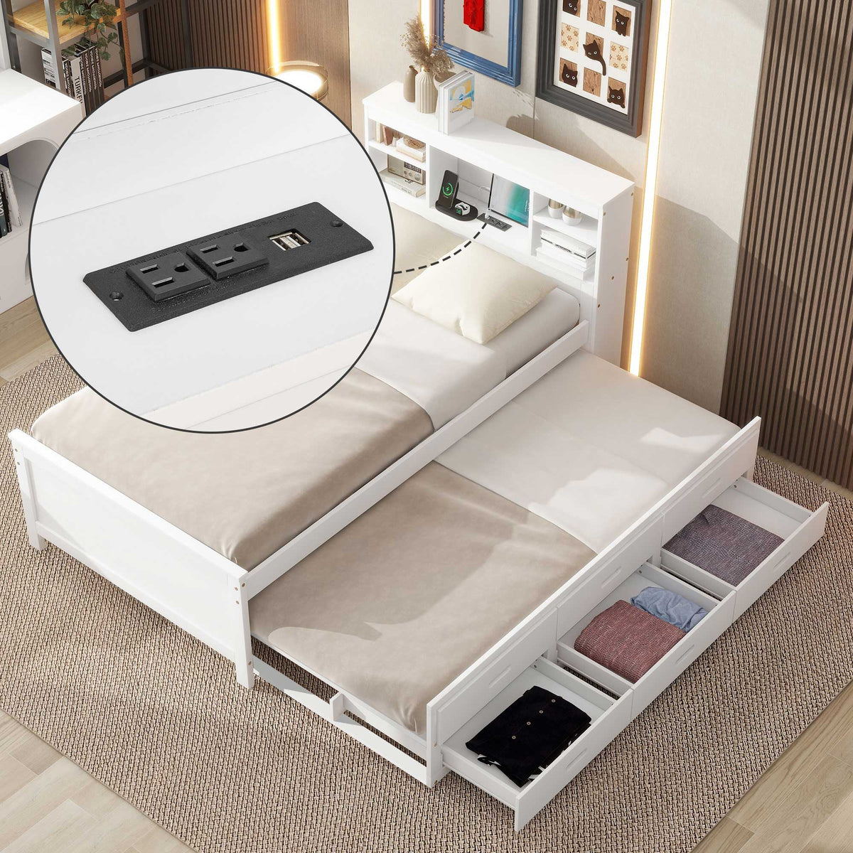 Platform Bed With Storage Headboard, USB, Trundle And 3 Drawers