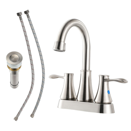 4" Centerset Bathroom Faucet With Pop Up Drain And Water Supply Lines - Brushed Nickel