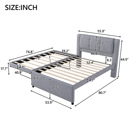 Upholstery Platform Bed With Trundle, Trundle Can Be Flat Or Erected