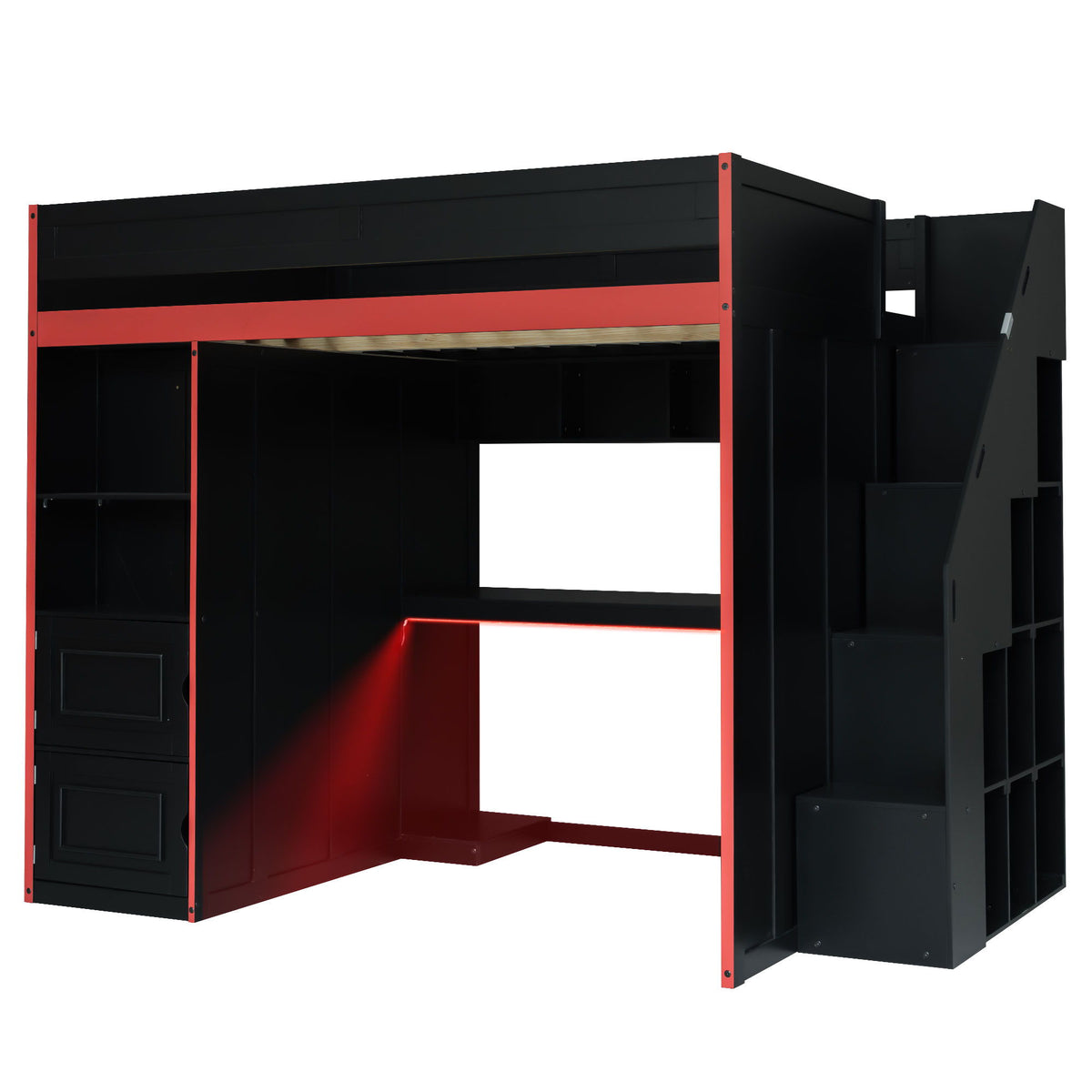 Gaming Loft Bed With Desk And Storage, LED Lights