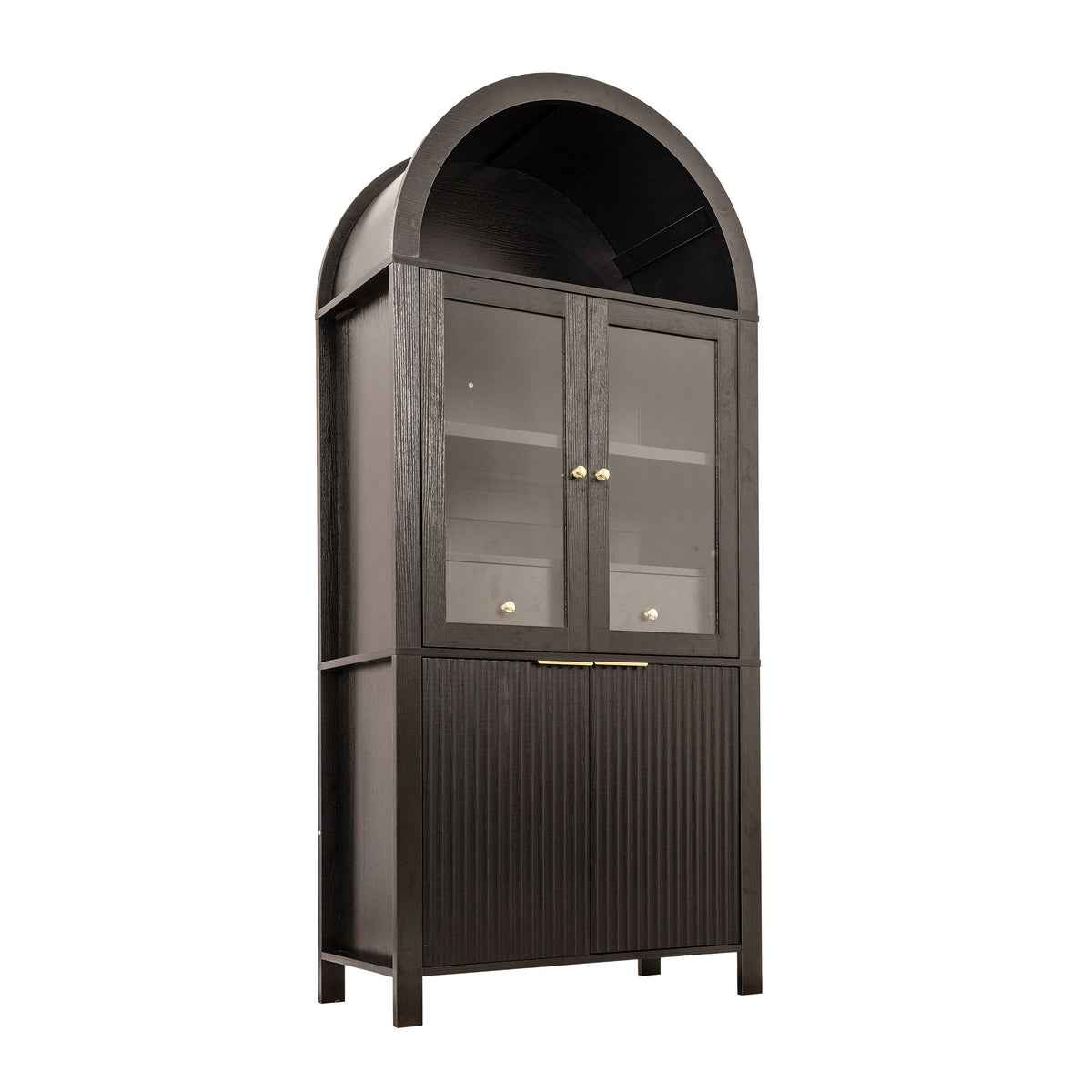 Fluted Tall Arched Pantry Cabinet With Adjustable Shelves, Glass Door & Hidden Drawer For Kitchen - Black