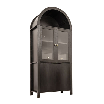 Fluted Tall Arched Pantry Cabinet With Adjustable Shelves, Glass Door & Hidden Drawer For Kitchen - Black