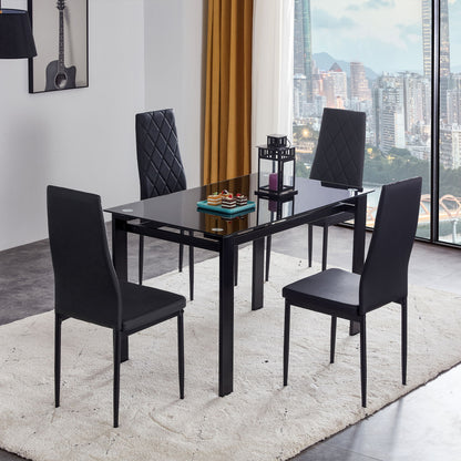 Modern 5 Piece Dining Table Set With Glass Top And Chairs - Black