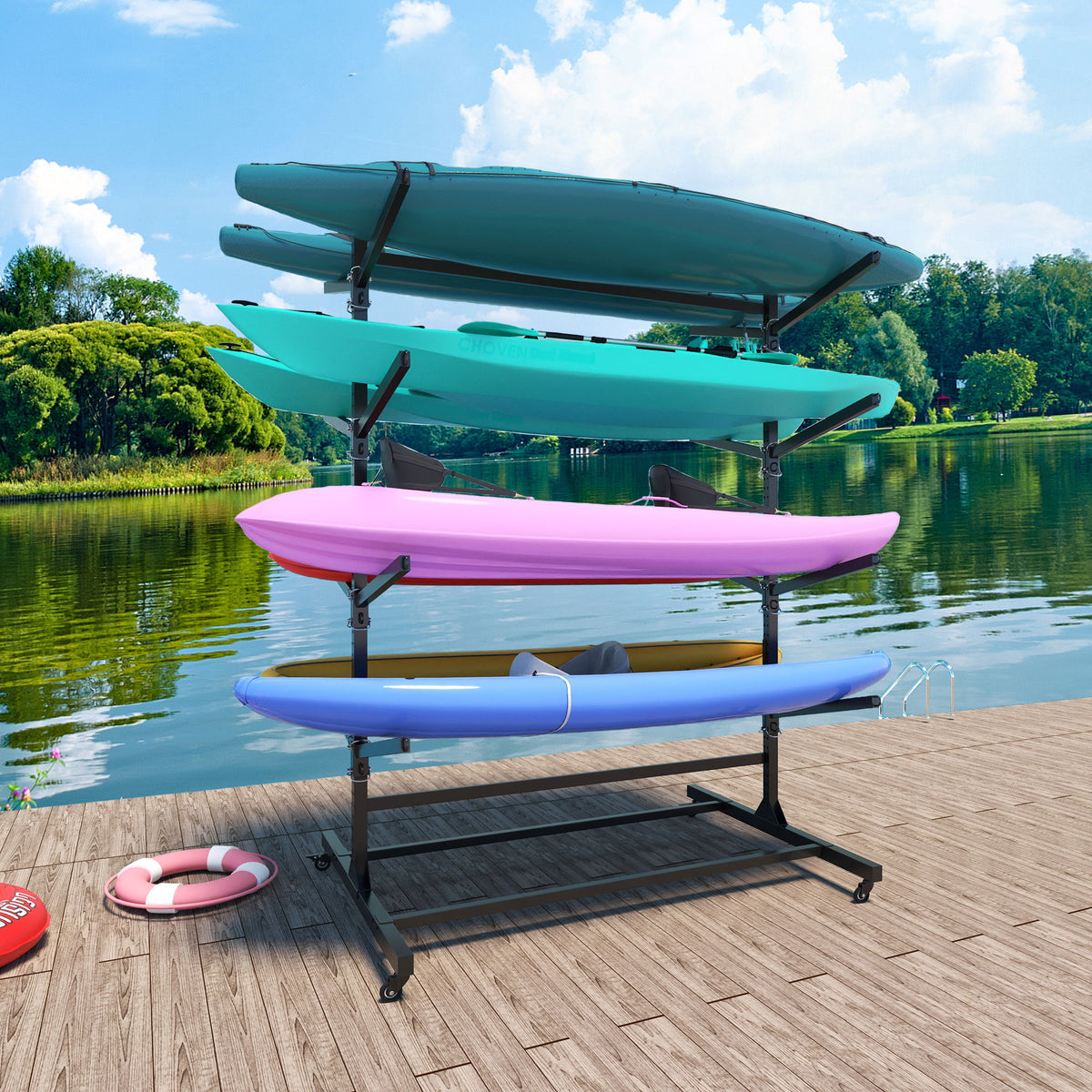 Freestanding Kayak Storage Rack With Lockable Wheels For Kayak, Canoe, Sup & Surfboard