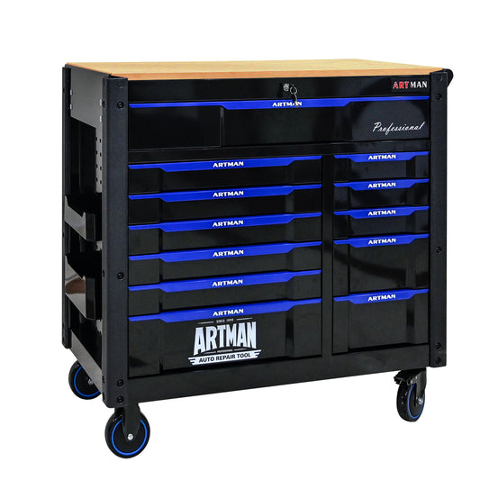 12 Layer Drawer Multi Purpose Tool Cart With Wheels And Wooden Countertops - Black / Blue