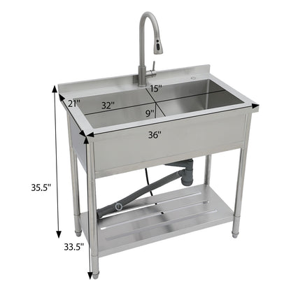Stainless Steel Freestanding Utility Sink With Pull Out Faucet, Large Single Bowl - Brushed Nickel