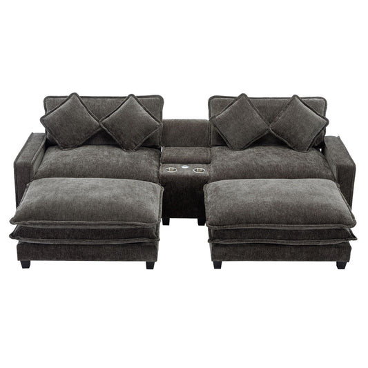 Modern Sectional Sofa With Removable Ottomans, USB Ports