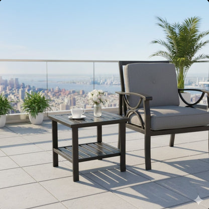 Square 2 Tier All-Weather Outdoor Side Table With Slatted Top