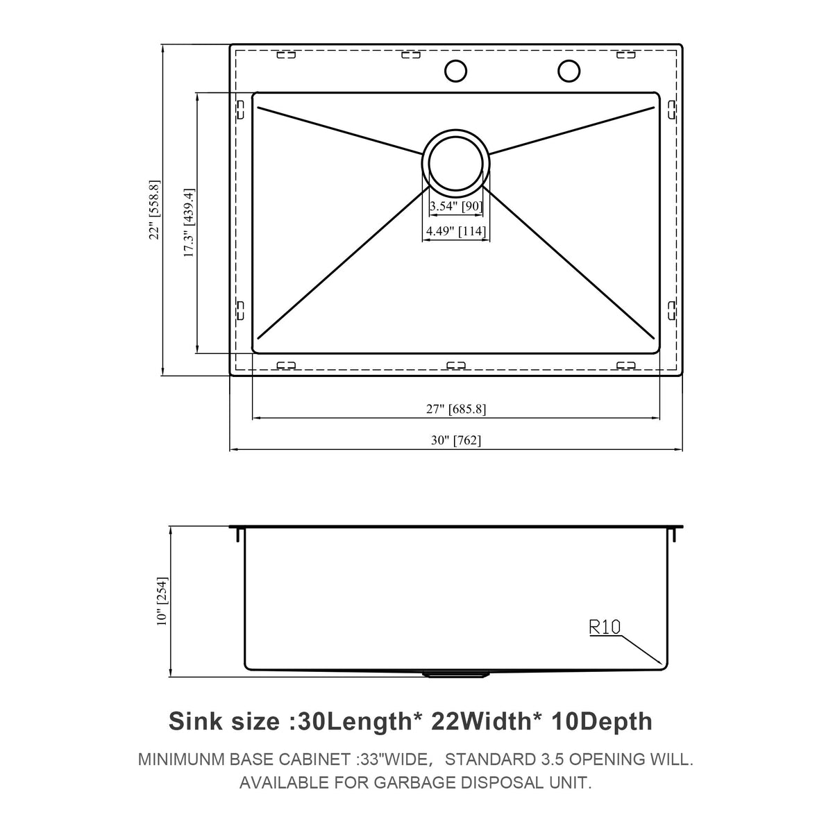 Kitchen Sink Drop In, Stainless Steel Single Bowl, Topmount