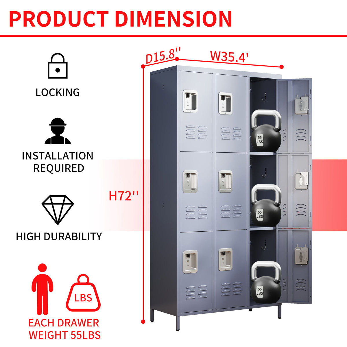 9 Door Lockers With Lock For Storage In Office, School, Gym, And Bedroom - Gray