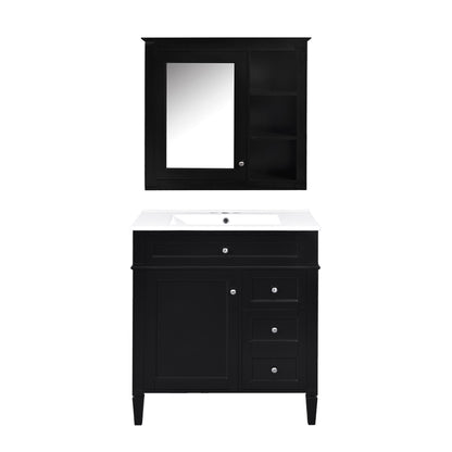 Bathroom Vanity With Top Sink, 2 Doors And 3 Drawers, Freestanding Set With Mirror Cabinet