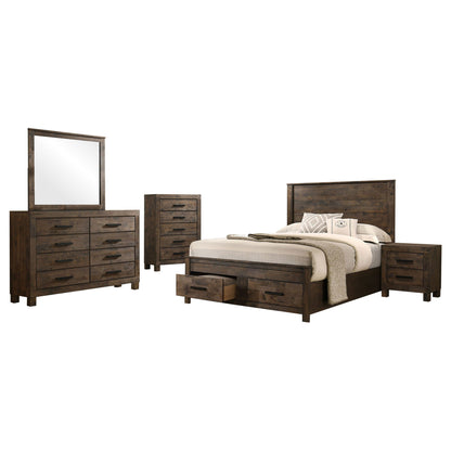 Greely - 5 Piece King Storage Bedroom Set Includes Bed, Nightstand, Dresser, Mirror & Chest - Rustic Brown