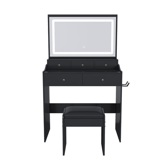 Modern Makeup Vanity Set With Power Outlet, Hair Dryer Holder, And Adjustable Lighting