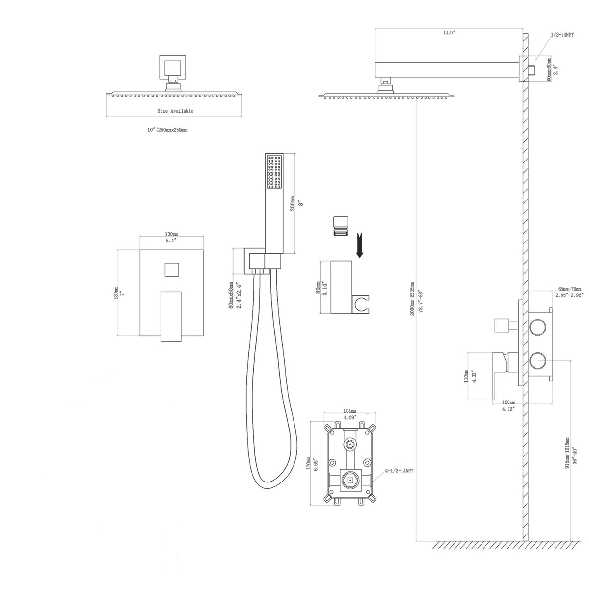 Dual Shower Head 10" Wall Mounted Square Shower System