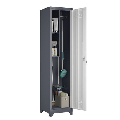 Broom Storage Cabinet, 65" Narrow Slim Utility With Hooks And Shelves, Heavy-Duty Construction - White