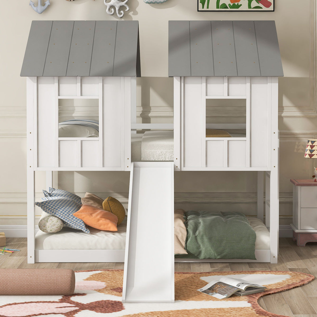 Twin Over Twin House Bunk Bed & Slide And Windows - White