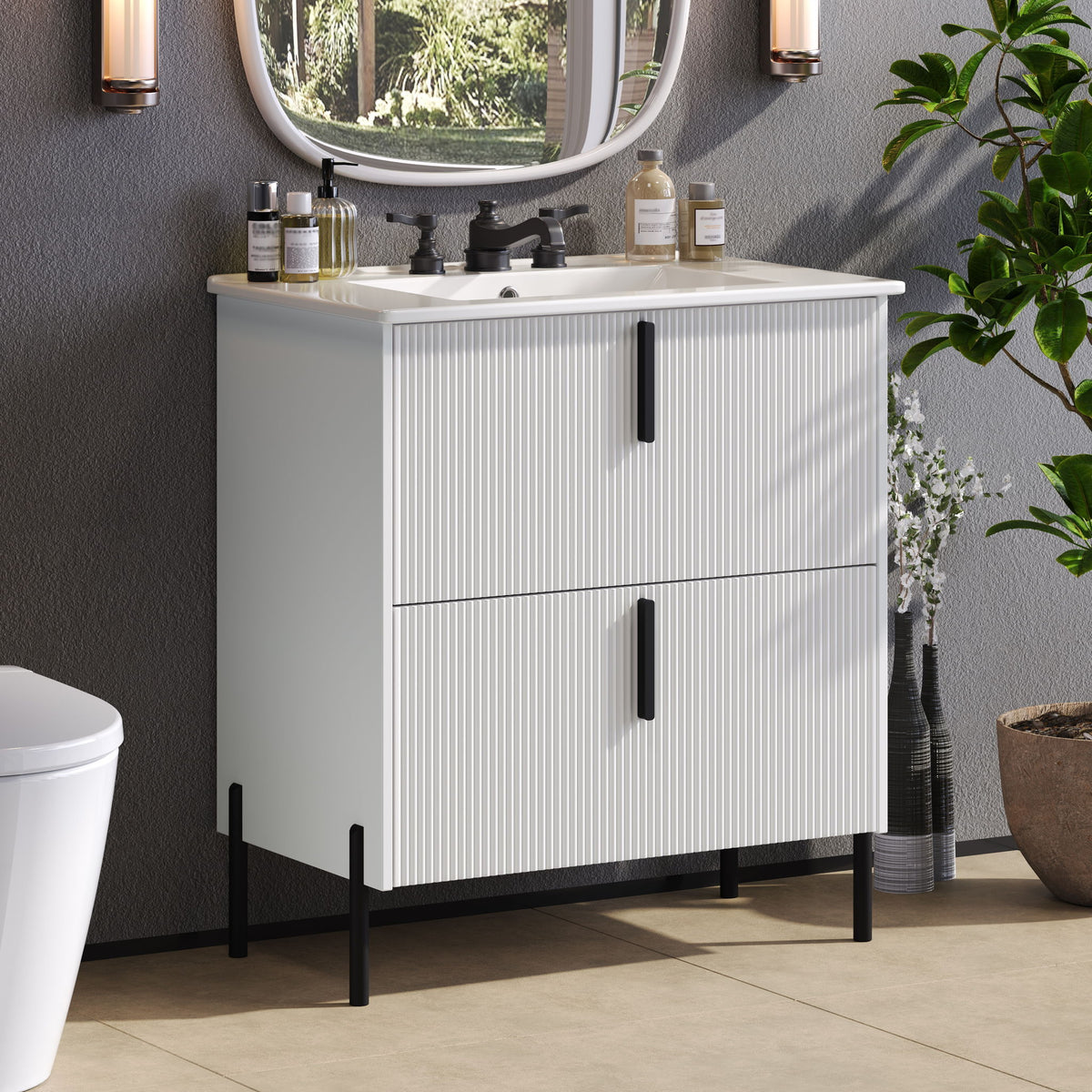 Bathroom Vanity With Ceramic Sink, Fluted Design