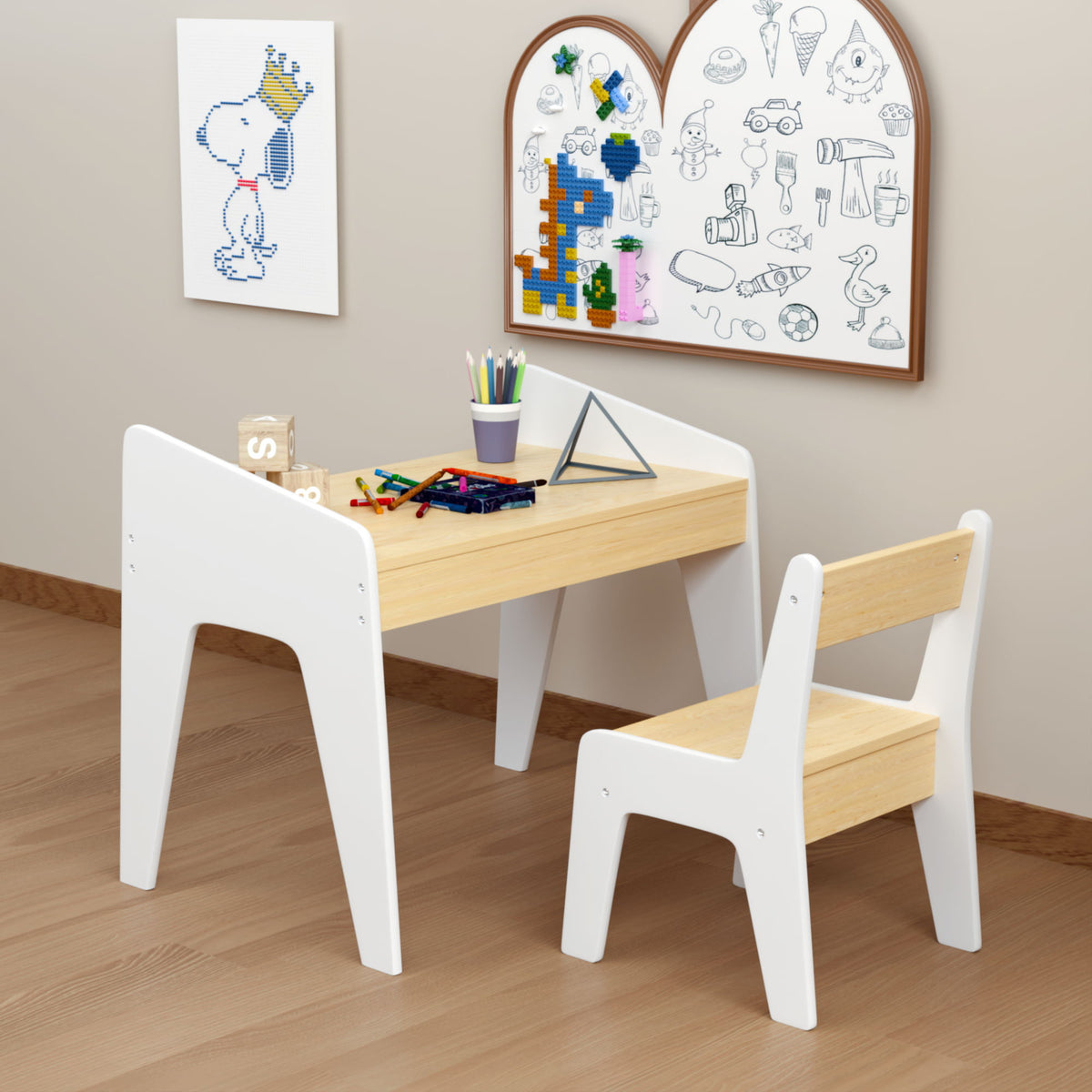 Table Set With 1 Chair, Children Study Table For Ages 2 - 8 - White