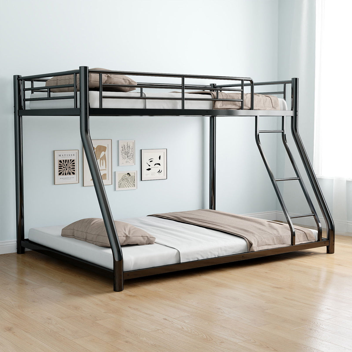 Twin Over Full Metal Bunk Bed Frame With Ladder And Guardrail, Heavy Duty Noise Free Design Metal Construction - Black