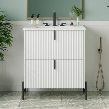 Fluted Bathroom Vanity With Ceramic Sink, Freestanding Design