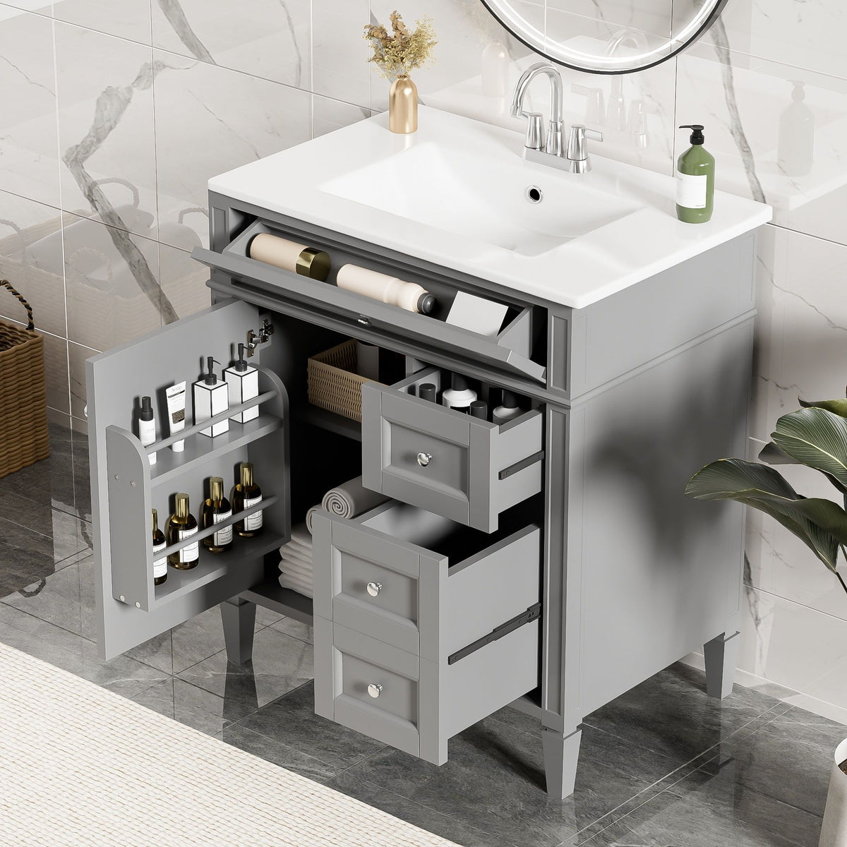 Bathroom Vanity With Top Sink, 2 Drawers & Tip Out Drawer