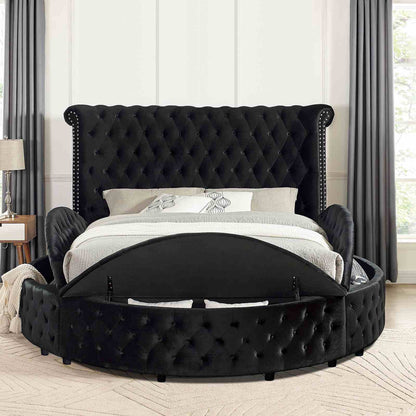 Glam Button Tufted Wingback Round Bed With Storage And USB Ports
