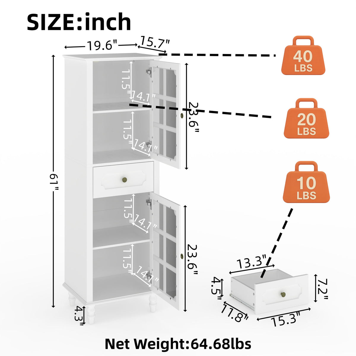Storage Cabinet, Freestanding Curio Cabinet With Grid Doors & Drawer, Pantry Display Cabinet For Kitchen