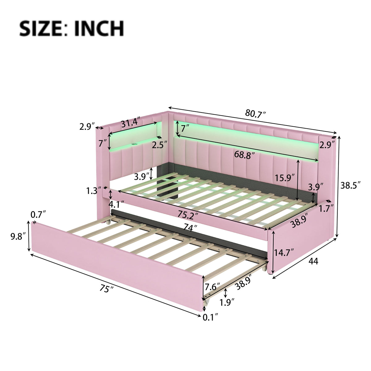 Upholstered Platform Bed With USB Ports And LED Belt