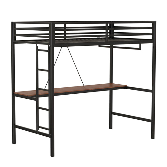 Adam - Twin Loft Bunk Bed With Cinnamon Wood Desk And Closet Rod - Black